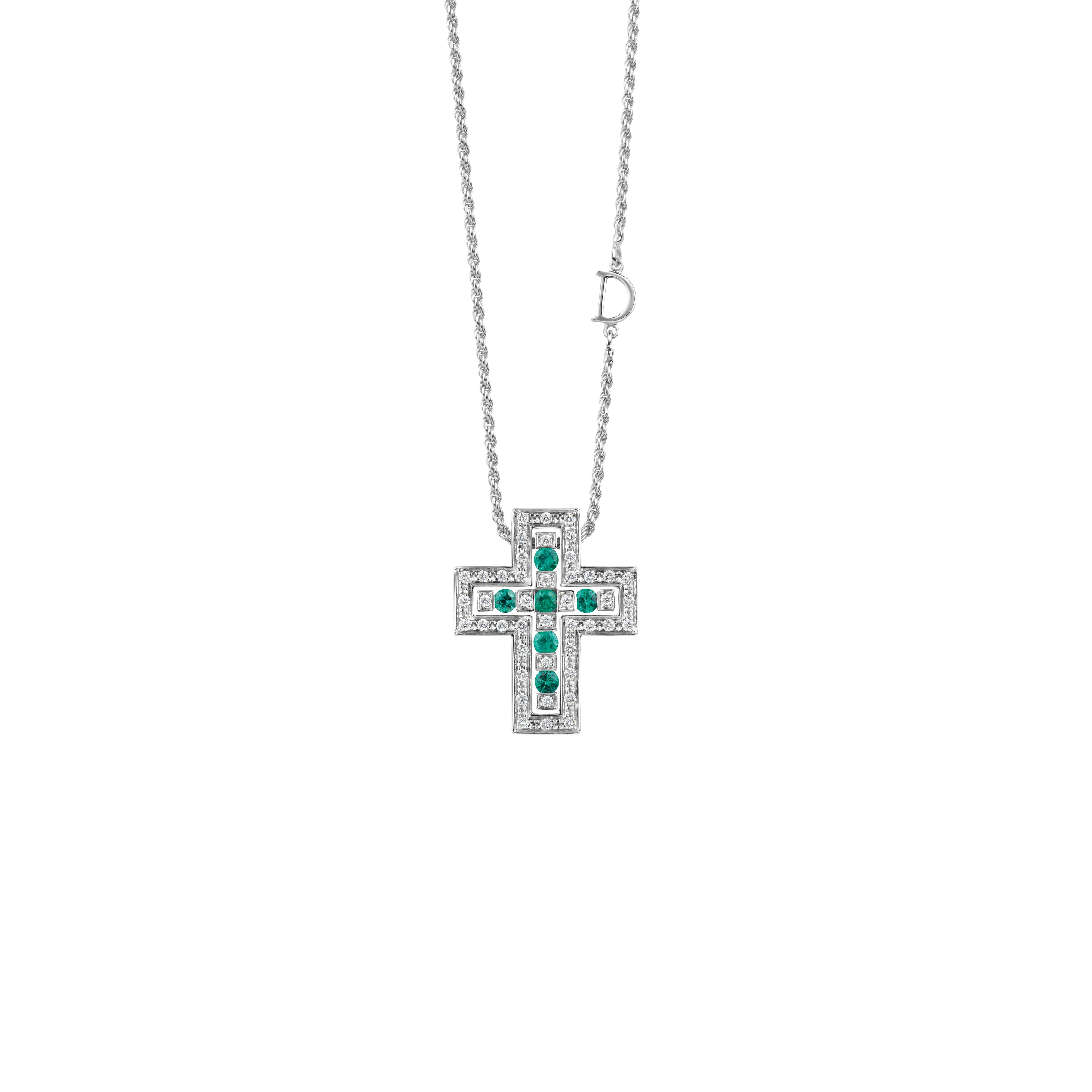 White gold, diamonds and emeralds necklace