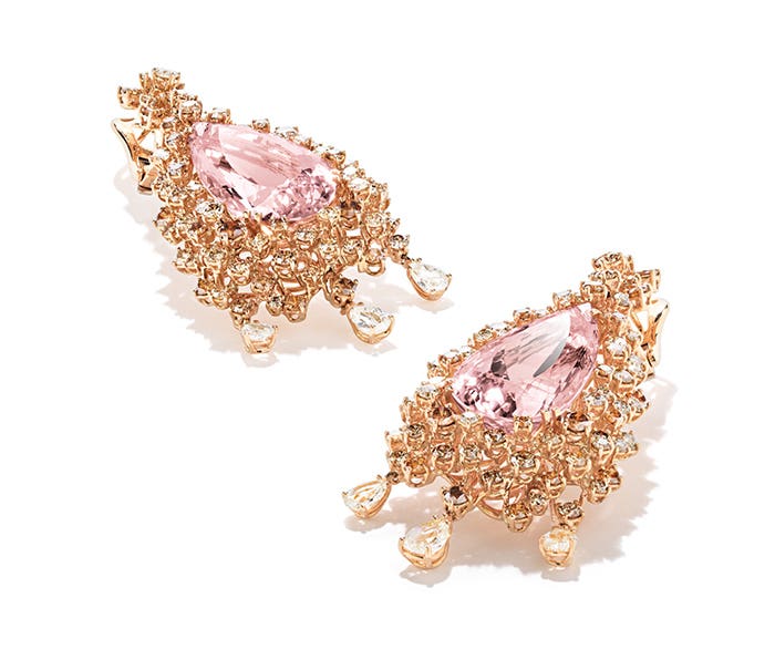 76.10-carat rose gold earrings with 2.53-carat rosecut diamonds, 10.87-carat brown diamonds and a 47.93-carat morganite